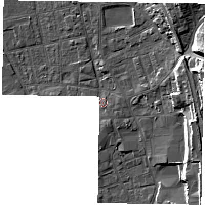 Shaded relief map of the ground around DN212JH, computed from Environment Agency LiDAR. The ground here sits at about 7 m above sea level and falls 21 m across the surrounding 800 m. Surface water reaching this point runs off ground lying to the south-south-east, 2.0 m higher.