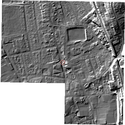 Shaded relief map of the ground around DN212JR, computed from Environment Agency LiDAR. The ground here sits at about 6 m above sea level and falls 24 m across the surrounding 800 m. Surface water reaching this point runs off ground lying to the north-east, 21.7 m higher.