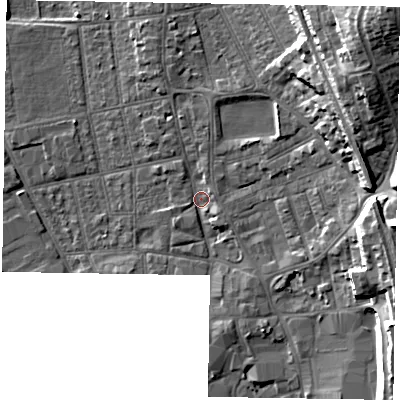 Shaded relief map of the ground around DN212JS, computed from Environment Agency LiDAR. The ground here sits at about 6 m above sea level and falls 25 m across the surrounding 800 m. Surface water reaching this point runs off ground lying to the north-east, 22.4 m higher.