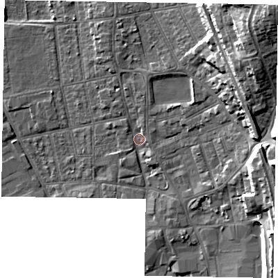 Shaded relief map of the ground around DN212JT, computed from Environment Agency LiDAR. The ground here sits at about 6 m above sea level and falls 26 m across the surrounding 800 m. Surface water reaching this point runs off ground lying to the north-east, 23.3 m higher.