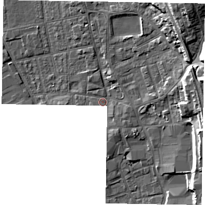 Shaded relief map of the ground around DN212JW, computed from Environment Agency LiDAR. The ground here sits at about 6 m above sea level and falls 18 m across the surrounding 800 m. Surface water reaching this point runs off ground lying to the north-east, 16.6 m higher.