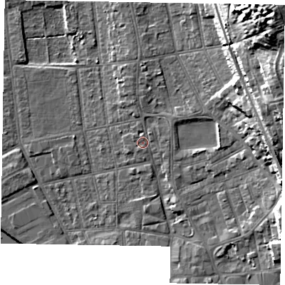 Shaded relief map of the ground around DN212JX, computed from Environment Agency LiDAR. The ground here sits at about 7 m above sea level and falls 28 m across the surrounding 800 m. Surface water reaching this point runs off ground lying to the north-east, 1.2 m higher.
