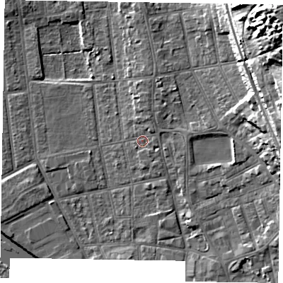 Shaded relief map of the ground around DN212JZ, computed from Environment Agency LiDAR. The ground here sits at about 7 m above sea level and falls 27 m across the surrounding 800 m. Surface water reaching this point runs off ground lying to the east-south-east, 1.2 m higher.