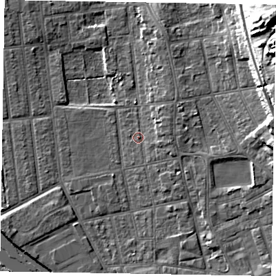 Shaded relief map of the ground around DN212LA, computed from Environment Agency LiDAR. The ground here sits at about 6 m above sea level and falls 28 m across the surrounding 800 m. Surface water reaching this point runs off ground lying to the east, 2.4 m higher.
