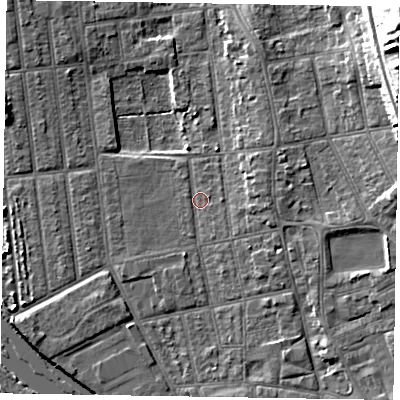Shaded relief map of the ground around DN212LB, computed from Environment Agency LiDAR. The ground here sits at about 5 m above sea level and falls 23 m across the surrounding 800 m. Surface water reaching this point runs off ground lying to the west-north-west, 4.8 m higher.