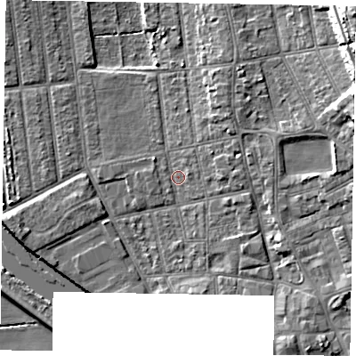 Shaded relief map of the ground around DN212LD, computed from Environment Agency LiDAR. The ground here sits at about 5 m above sea level and falls 19 m across the surrounding 800 m. Surface water reaching this point runs off ground lying to the east-north-east, 2.5 m higher.