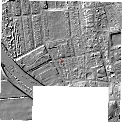 Shaded relief map of the ground around DN212LE, computed from Environment Agency LiDAR. The ground here sits at about 5 m above sea level and falls 7 m across the surrounding 800 m. Surface water reaching this point runs off ground lying to the south-east, 3.7 m higher.