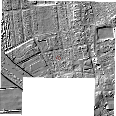 Shaded relief map of the ground around DN212LF, computed from Environment Agency LiDAR. The ground here sits at about 5 m above sea level and falls 9 m across the surrounding 800 m. Surface water reaching this point runs off ground lying to the east-south-east, 2.3 m higher.