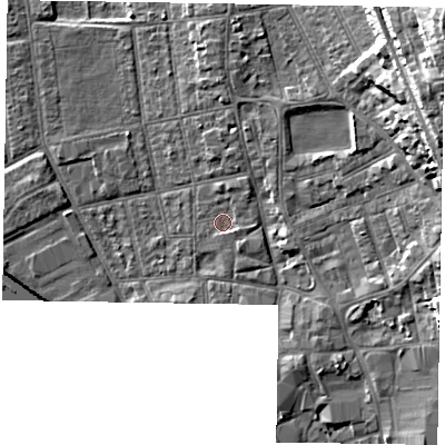 Shaded relief map of the ground around DN212LJ, computed from Environment Agency LiDAR. The ground here sits at about 6 m above sea level and falls 22 m across the surrounding 800 m. Surface water reaching this point runs off ground lying to the south-east, 1.2 m higher.