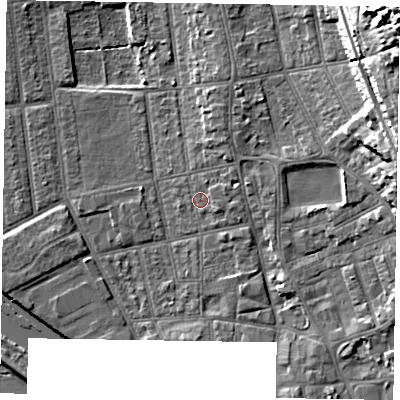 Shaded relief map of the ground around DN212LL, computed from Environment Agency LiDAR. The ground here sits at about 6 m above sea level and falls 26 m across the surrounding 800 m. Surface water reaching this point runs off ground lying to the east-north-east, 1.5 m higher.