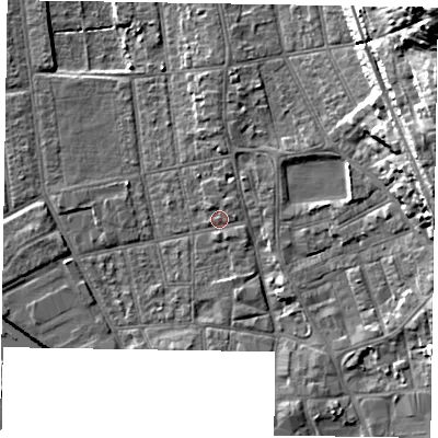 Shaded relief map of the ground around DN212LN, computed from Environment Agency LiDAR. The ground here sits at about 7 m above sea level and falls 26 m across the surrounding 800 m. Surface water reaching this point runs off ground lying to the east, 1.1 m higher.