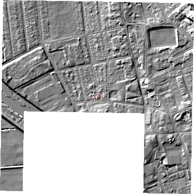 Shaded relief map of the ground around DN212LY, computed from Environment Agency LiDAR. The ground here sits at about 6 m above sea level and falls 14 m across the surrounding 800 m. Surface water reaching this point runs off ground lying to the north-east, 9.6 m higher.