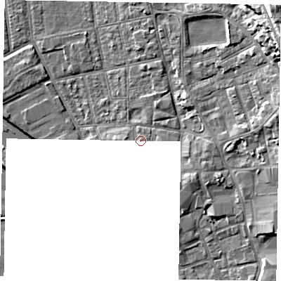 Shaded relief map of the ground around DN212NB, computed from Environment Agency LiDAR. The ground here sits at about 7 m above sea level and falls 18 m across the surrounding 800 m. Surface water reaching this point runs off ground lying to the west-south-west, 1.0 m higher.
