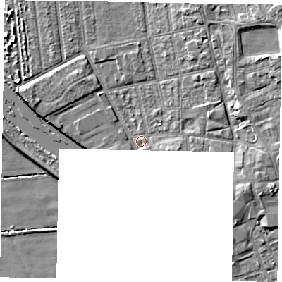 Shaded relief map of the ground around DN212ND, computed from Environment Agency LiDAR. The ground here sits at about 6 m above sea level and falls 8 m across the surrounding 800 m. Surface water reaching this point runs off ground lying to the north-east, 4.6 m higher.