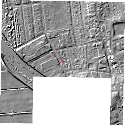 Shaded relief map of the ground around DN212NP, computed from Environment Agency LiDAR. The ground here sits at about 5 m above sea level and falls 7 m across the surrounding 800 m. Surface water reaching this point runs off ground lying to the east-south-east, 3.5 m higher.