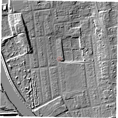 Shaded relief map of the ground around DN212NT, computed from Environment Agency LiDAR. The ground here sits at about 5 m above sea level and falls 8 m across the surrounding 800 m. Surface water reaching this point runs off ground lying to the north-west, 6.7 m higher.