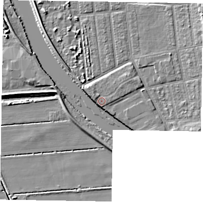 Shaded relief map of the ground around DN212NZ, computed from Environment Agency LiDAR. The ground here sits at about 6 m above sea level and falls 7 m across the surrounding 800 m. Surface water reaching this point runs off ground lying to the west-north-west, 1.0 m higher.