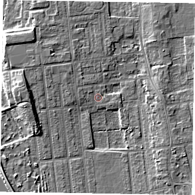 Shaded relief map of the ground around DN212PB, computed from Environment Agency LiDAR. The ground here sits at about 5 m above sea level and falls 7 m across the surrounding 800 m. Surface water reaching this point runs off ground lying to the north-west, 1.4 m higher.