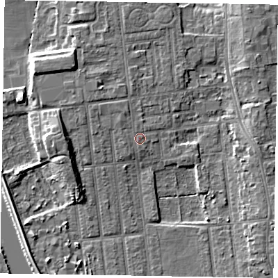 Shaded relief map of the ground around DN212PD, computed from Environment Agency LiDAR. The ground here sits at about 6 m above sea level and falls 7 m across the surrounding 800 m. Surface water reaching this point runs off ground lying to the north-west, 0.9 m higher.
