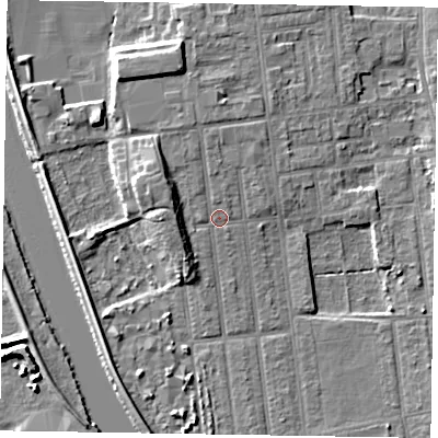 Shaded relief map of the ground around DN212PE, computed from Environment Agency LiDAR. The ground here sits at about 6 m above sea level and falls 7 m across the surrounding 800 m. Surface water reaching this point runs off ground lying to the west-north-west, 3.9 m higher.