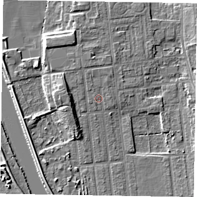 Shaded relief map of the ground around DN212PF, computed from Environment Agency LiDAR. The ground here sits at about 6 m above sea level and falls 7 m across the surrounding 800 m. Surface water reaching this point runs off ground lying to the north-north-west, 1.2 m higher.