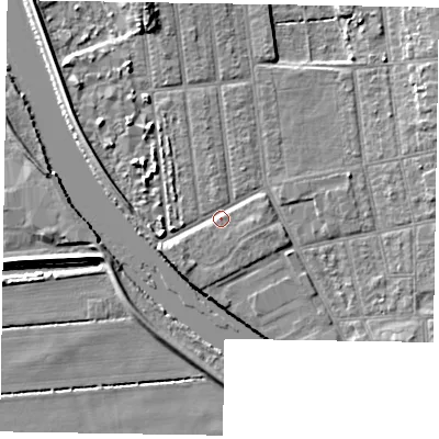 Shaded relief map of the ground around DN212PL, computed from Environment Agency LiDAR. The ground here sits at about 6 m above sea level and falls 8 m across the surrounding 800 m. Surface water reaching this point runs off ground lying to the north-north-west, 4.5 m higher.