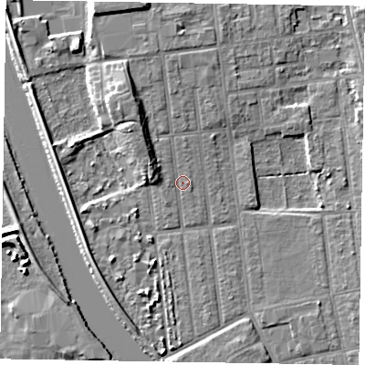 Shaded relief map of the ground around DN212PP, computed from Environment Agency LiDAR. The ground here sits at about 6 m above sea level and falls 7 m across the surrounding 800 m. Surface water reaching this point runs off ground lying to the north-west, 4.4 m higher.
