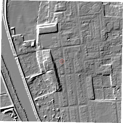 Shaded relief map of the ground around DN212PR, computed from Environment Agency LiDAR. The ground here sits at about 7 m above sea level and falls 8 m across the surrounding 800 m. Surface water reaching this point runs off ground lying to the north-north-west, 1.2 m higher.