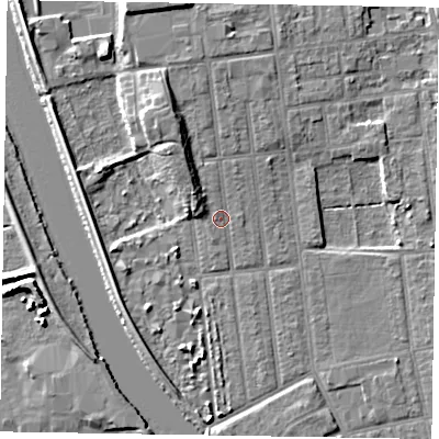 Shaded relief map of the ground around DN212PS, computed from Environment Agency LiDAR. The ground here sits at about 6 m above sea level and falls 7 m across the surrounding 800 m. Surface water reaching this point runs off ground lying to the north-north-west, 4.4 m higher.
