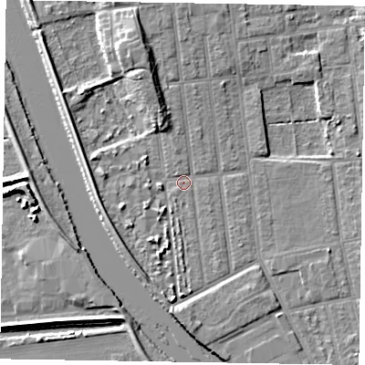 Shaded relief map of the ground around DN212PT, computed from Environment Agency LiDAR. The ground here sits at about 5 m above sea level and falls 8 m across the surrounding 800 m. Surface water reaching this point runs off ground lying to the east-south-east, 0.5 m higher.