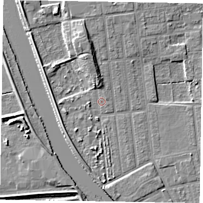 Shaded relief map of the ground around DN212PU, computed from Environment Agency LiDAR. The ground here sits at about 5 m above sea level and falls 8 m across the surrounding 800 m. Surface water reaching this point runs off ground lying to the north-north-west, 4.2 m higher.