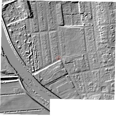 Shaded relief map of the ground around DN212QA, computed from Environment Agency LiDAR. The ground here sits at about 5 m above sea level and falls 8 m across the surrounding 800 m. Surface water reaching this point runs off ground lying to the north-north-west, 4.5 m higher.