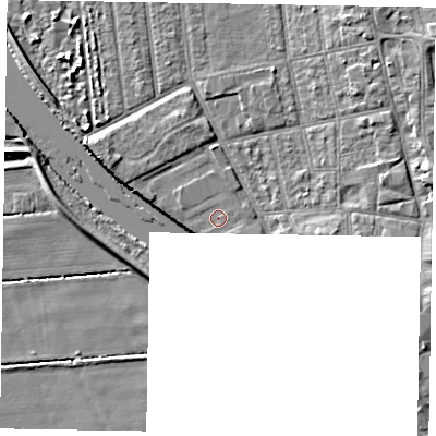 Shaded relief map of the ground around DN212QD, computed from Environment Agency LiDAR. The ground here sits at about 5 m above sea level and falls 7 m across the surrounding 800 m. The ground contributing surface water to this point lies to the east-north-east.