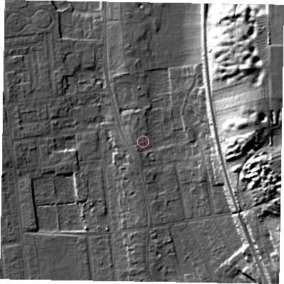 Shaded relief map of the ground around DN212RJ, computed from Environment Agency LiDAR. The ground here sits at about 7 m above sea level and falls 31 m across the surrounding 800 m. Surface water reaching this point runs off ground lying to the south-east, 9.7 m higher.