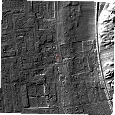 Shaded relief map of the ground around DN212RL, computed from Environment Agency LiDAR. The ground here sits at about 5 m above sea level and falls 30 m across the surrounding 800 m. Surface water reaching this point runs off ground lying to the south-east, 11.6 m higher.