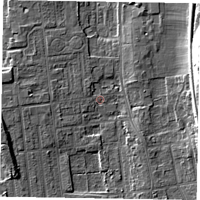Shaded relief map of the ground around DN212RN, computed from Environment Agency LiDAR. The ground here sits at about 5 m above sea level and falls 18 m across the surrounding 800 m. Surface water reaching this point runs off ground lying to the west-north-west, 5.7 m higher.
