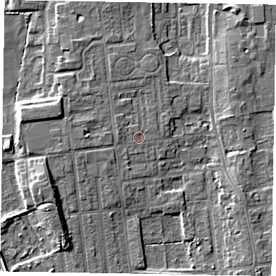 Shaded relief map of the ground around DN212RR, computed from Environment Agency LiDAR. The ground here sits at about 6 m above sea level and falls 7 m across the surrounding 800 m. Surface water reaching this point runs off ground lying to the west-north-west, 1.3 m higher.