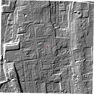 Shaded relief map of the ground around DN212RS, computed from Environment Agency LiDAR. The ground here sits at about 6 m above sea level and falls 7 m across the surrounding 800 m. Surface water reaching this point runs off ground lying to the west-south-west, 1.4 m higher.