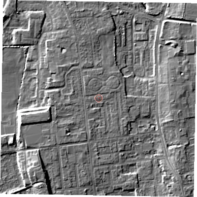 Shaded relief map of the ground around DN212RT, computed from Environment Agency LiDAR. The ground here sits at about 6 m above sea level and falls 7 m across the surrounding 800 m. Surface water reaching this point runs off ground lying to the west-south-west, 3.6 m higher.