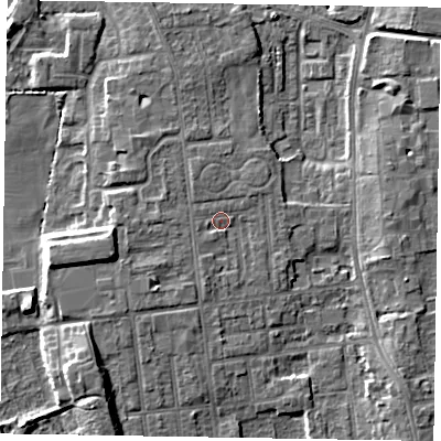 Shaded relief map of the ground around DN212RU, computed from Environment Agency LiDAR. The ground here sits at about 6 m above sea level and falls 7 m across the surrounding 800 m. Surface water reaching this point runs off ground lying to the south-south-west, 1.4 m higher.