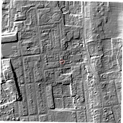Shaded relief map of the ground around DN212RX, computed from Environment Agency LiDAR. The ground here sits at about 6 m above sea level and falls 7 m across the surrounding 800 m. Surface water reaching this point runs off ground lying to the west, 3.8 m higher.