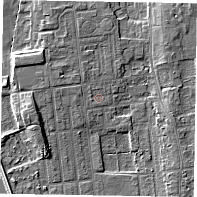 Shaded relief map of the ground around DN212RY, computed from Environment Agency LiDAR. The ground here sits at about 6 m above sea level and falls 7 m across the surrounding 800 m. Surface water reaching this point runs off ground lying to the west-north-west, 2.2 m higher.