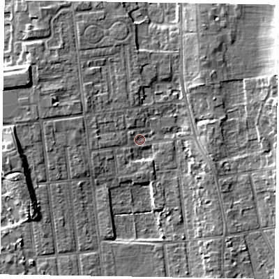 Shaded relief map of the ground around DN212SA, computed from Environment Agency LiDAR. The ground here sits at about 5 m above sea level and falls 10 m across the surrounding 800 m. Surface water reaching this point runs off ground lying to the west-north-west, 3.8 m higher.