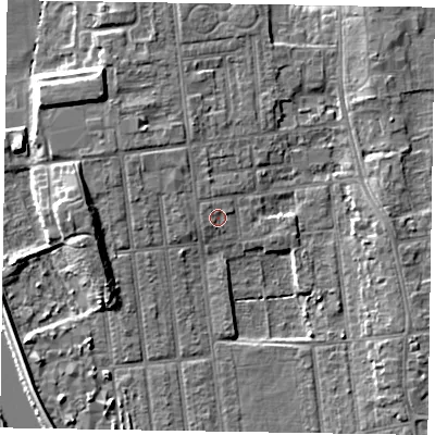 Shaded relief map of the ground around DN212SB, computed from Environment Agency LiDAR. The ground here sits at about 6 m above sea level and falls 7 m across the surrounding 800 m. Surface water reaching this point runs off ground lying to the west-north-west, 1.0 m higher.