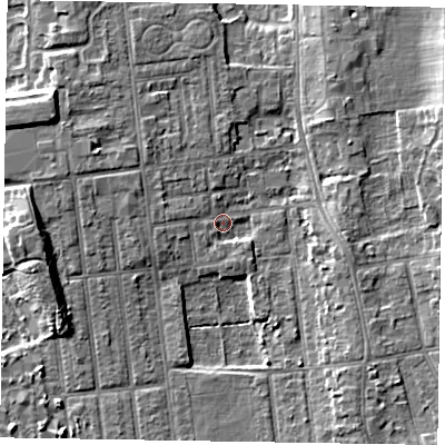 Shaded relief map of the ground around DN212SD, computed from Environment Agency LiDAR. The ground here sits at about 5 m above sea level and falls 7 m across the surrounding 800 m. Surface water reaching this point runs off ground lying to the west-north-west, 3.8 m higher.