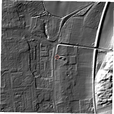 Shaded relief map of the ground around DN212SS, computed from Environment Agency LiDAR. The ground here sits at about 6 m above sea level and falls 31 m across the surrounding 800 m. Surface water reaching this point runs off ground lying to the east-south-east, 2.7 m higher.