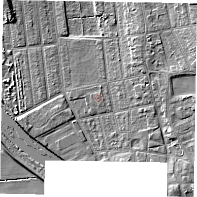 Shaded relief map of the ground around DN212SU, computed from Environment Agency LiDAR. The ground here sits at about 5 m above sea level and falls 10 m across the surrounding 800 m. Surface water reaching this point runs off ground lying to the south, 0.6 m higher.
