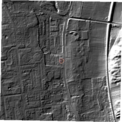 Shaded relief map of the ground around DN212TA, computed from Environment Agency LiDAR. The ground here sits at about 5 m above sea level and falls 26 m across the surrounding 800 m. Surface water reaching this point runs off ground lying to the east-north-east, 3.6 m higher.
