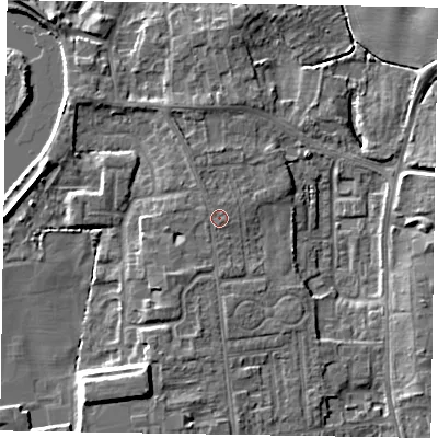 Shaded relief map of the ground around DN212TH, computed from Environment Agency LiDAR. The ground here sits at about 6 m above sea level and falls 8 m across the surrounding 800 m. Surface water reaching this point runs off ground lying to the south-west, 1.2 m higher.