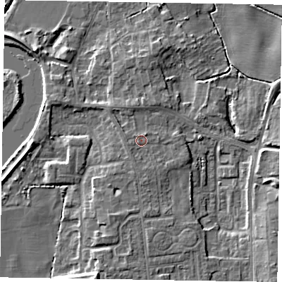 Shaded relief map of the ground around DN212TL, computed from Environment Agency LiDAR. The ground here sits at about 6 m above sea level and falls 8 m across the surrounding 800 m. Surface water reaching this point runs off ground lying to the north-west, 0.6 m higher.